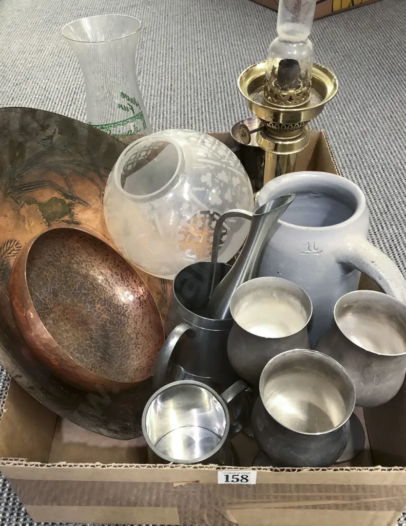 Box of Assorted Metalware incl Kerosene Lamp Image 1++