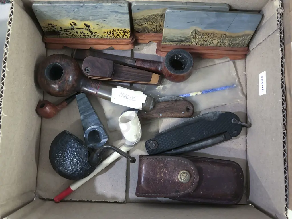 Box of Assorted Pipes & Knives etc Image 1++