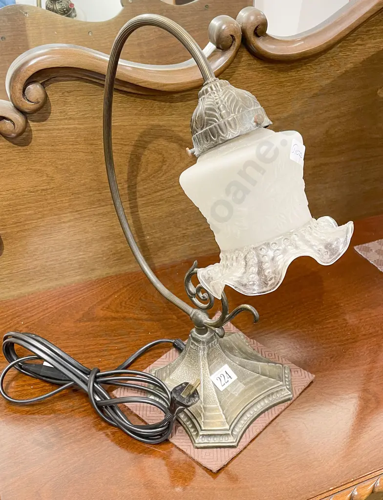Edwardian Style Brass Table Lamp with Glass Shade Image 1++
