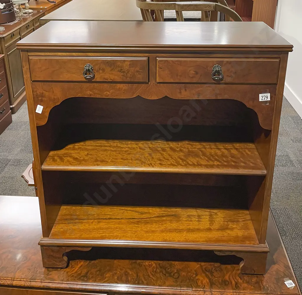 Reproduction Burr Walnut Two Drawer Low Bookcase Image 1++