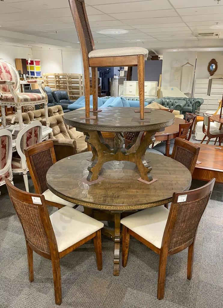 Adzed Circular Dining Table & Six Rattan Backed Chairs with Matching Coffee Table Image 1++