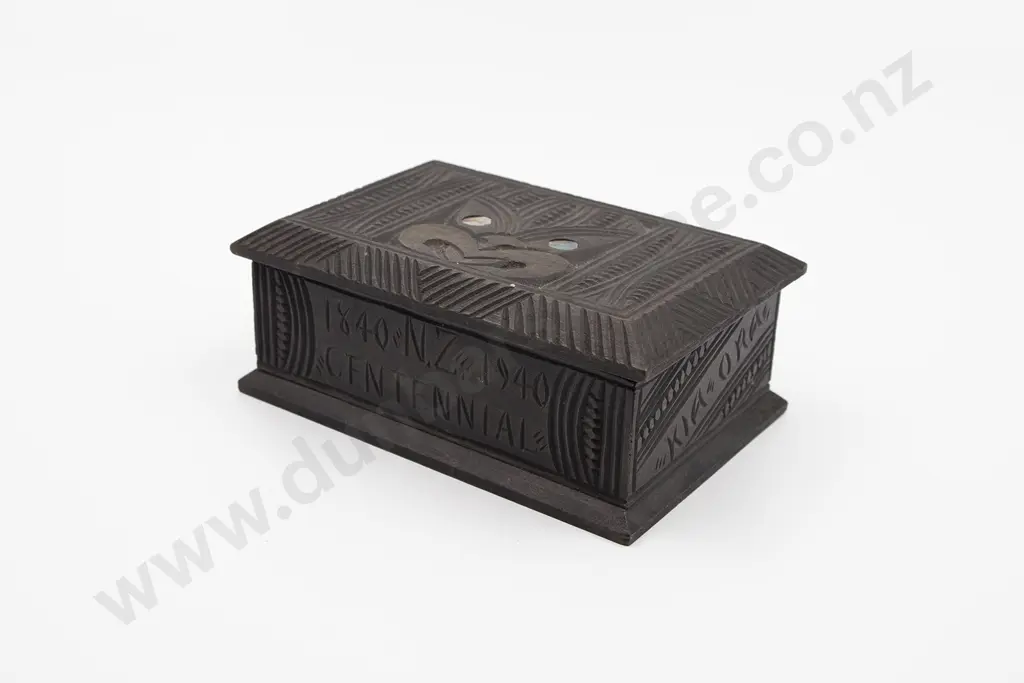 Inscribed Ebonised Carved Lidded Box With Whekku Head Image 1++