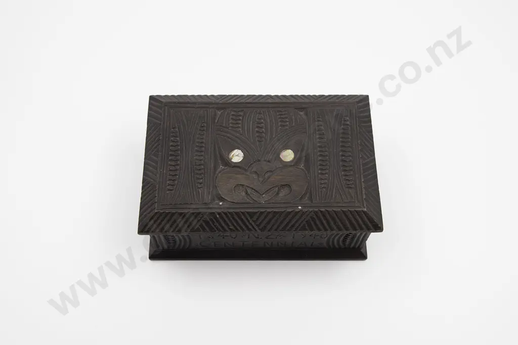 Inscribed Ebonised Carved Lidded Box With Whekku Head Image 1++