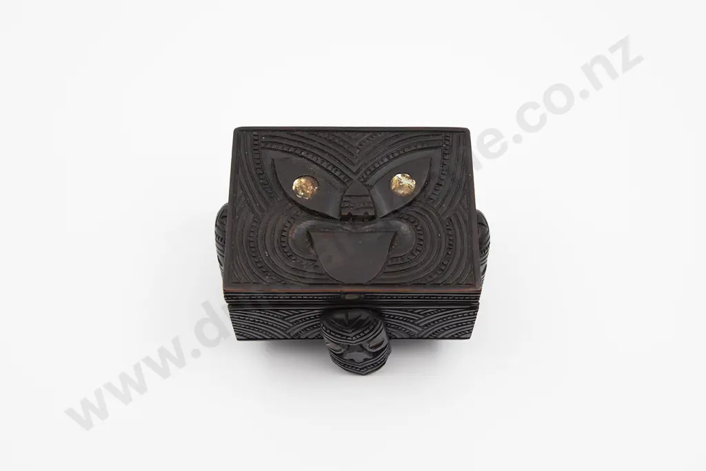 Ebonised Carved Lidded Box With Wheku Head Image 1++