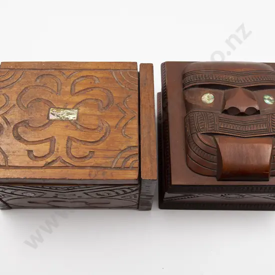 Two Carved Lidded Box With Wheku Heads