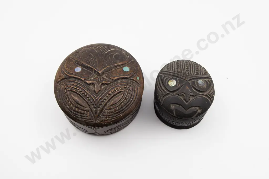 Two Circular Carved Lidded Boxes With Wheku Heads Image 1++
