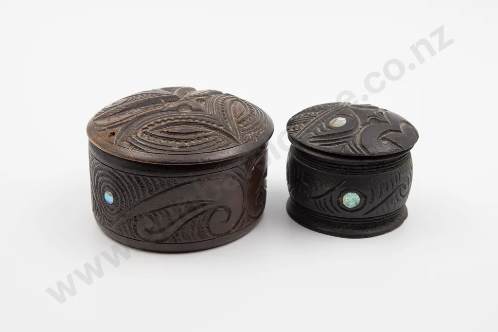 Two Circular Carved Lidded Boxes With Wheku Heads Image 1++