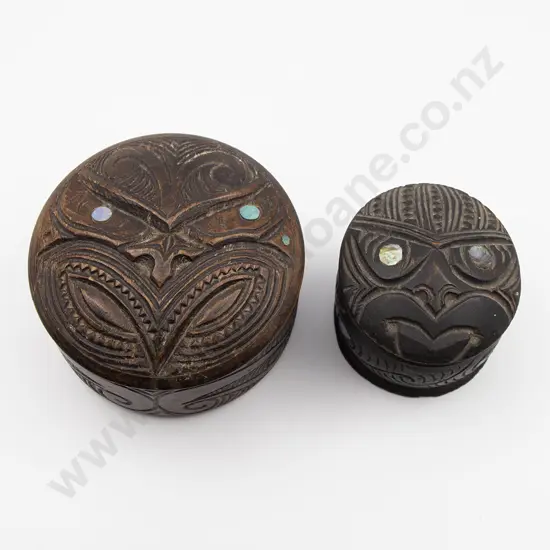 Two Circular Carved Lidded Boxes With Wheku Heads