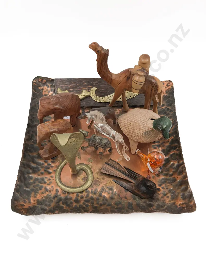 Assortment of Brass and Wooden Animals on Copper Tray Image 1++