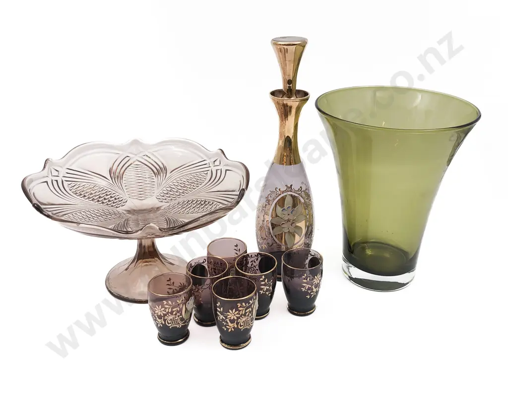 Liqueur Set with Pressed Glass Cake Plate and Vase Image 1++