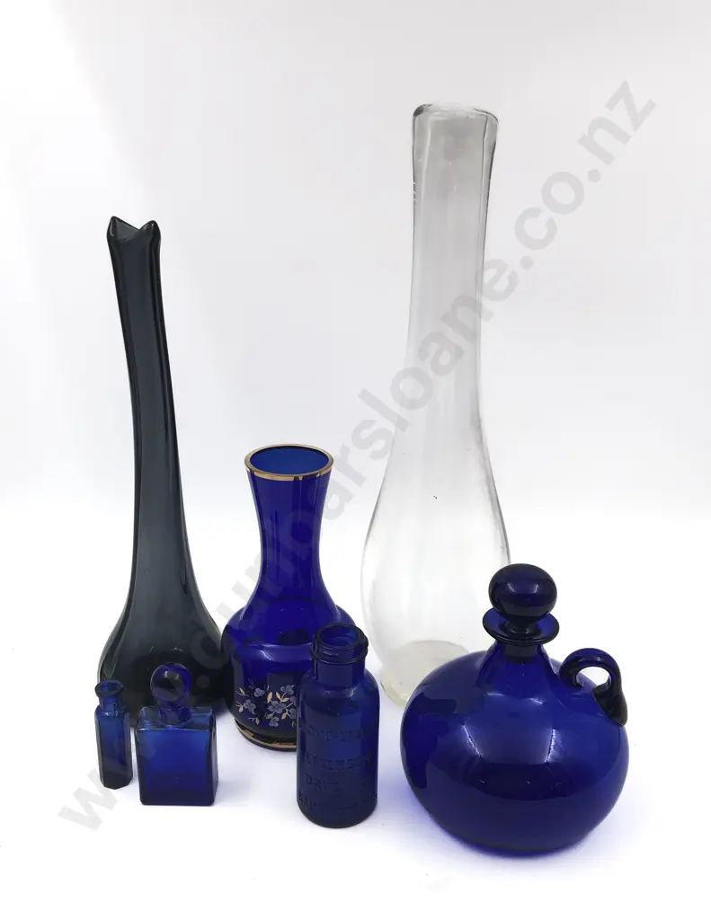 Quantity of Blue Glass and Two Handblown Vases Image 1++