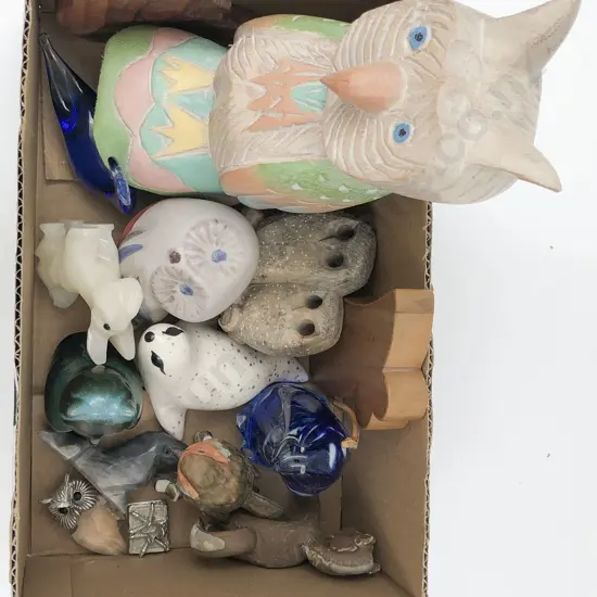 Box of Assorted Owl and Animal Ornaments