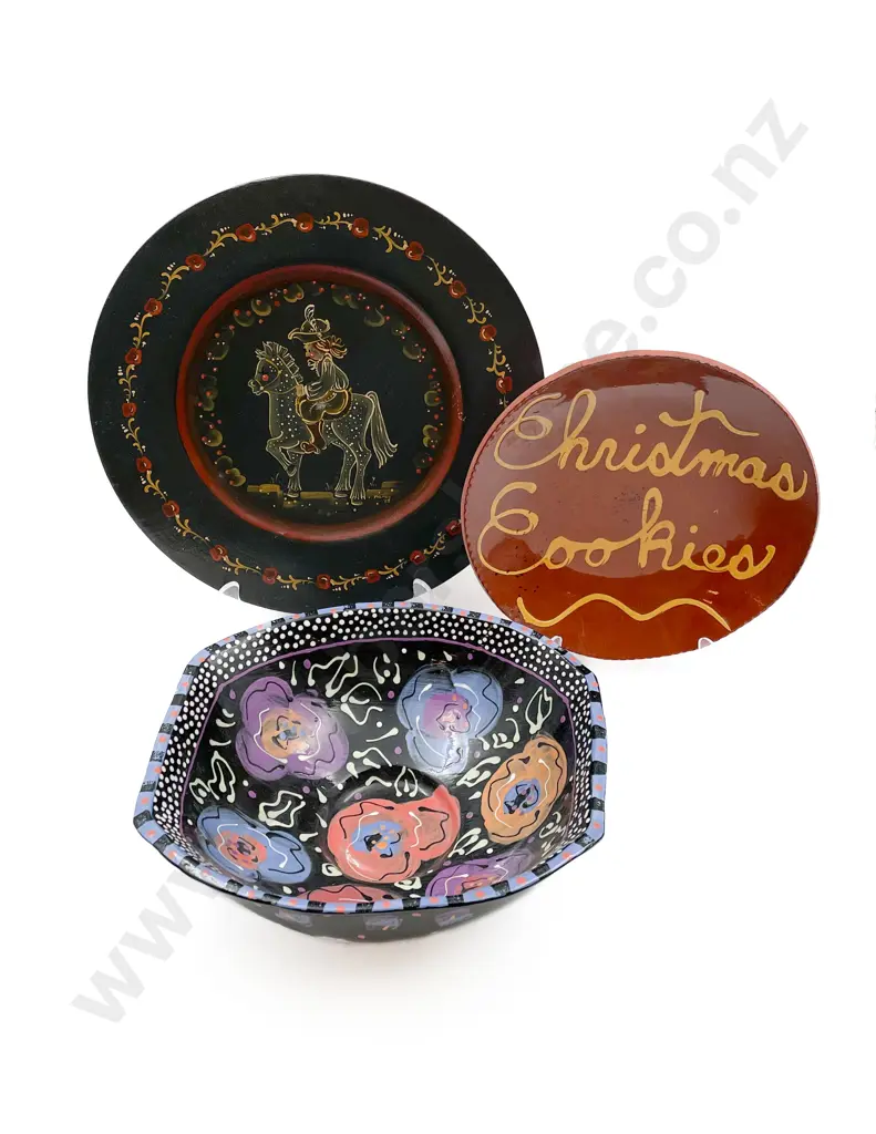 Two Pottery Bowls and Wooden Charger Image 1++
