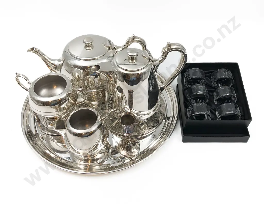 S/P Tea Set on Tray with Set of Crystal Napkin Rings etc. Image 1++