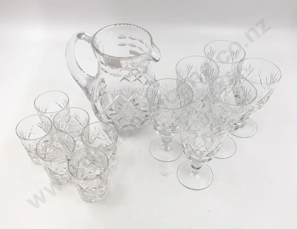 Six Crystal Wine Glasses Water Jug and Six Small Tumblers Image 1++