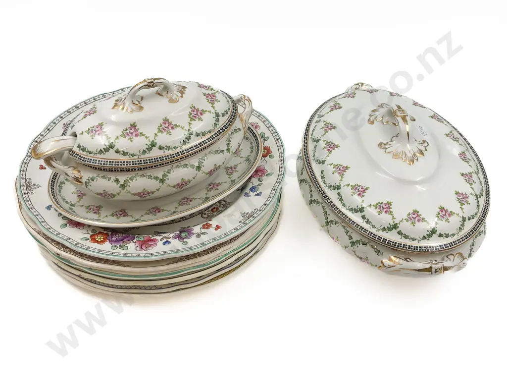 Two Lidded Serving Dishes and Seven Floral Plates Image 1++