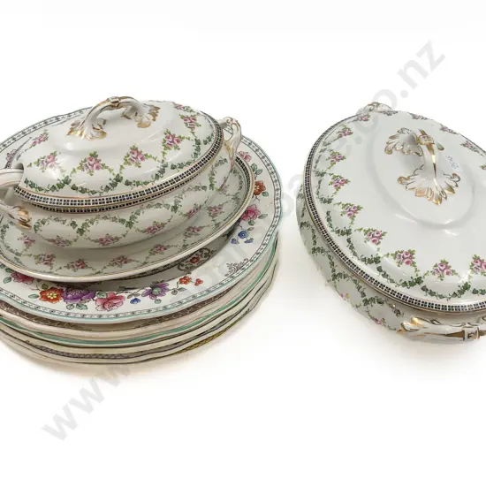 Two Lidded Serving Dishes and Seven Floral Plates