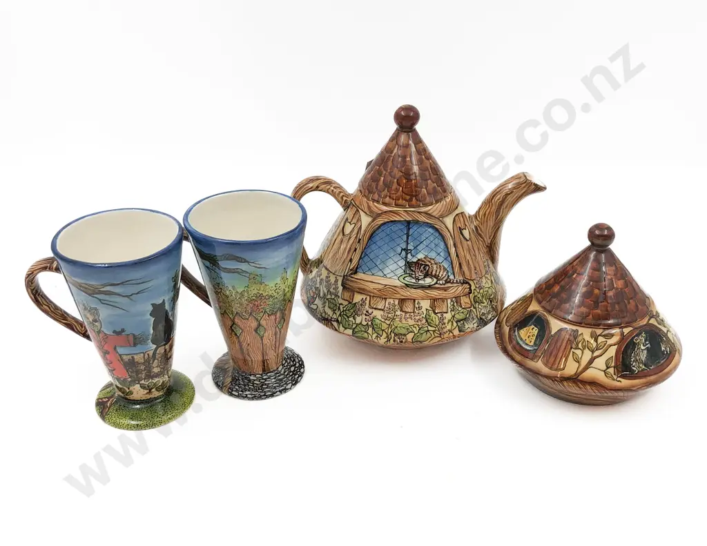 Anne Bowling 'Catnip Cottage' Tea Pot Sugar Basin and Two Mugs Image 1++