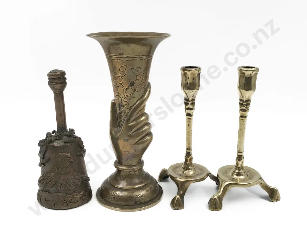 Brass Vase Pair of Candlesticks and Bronze Bell Image 1++