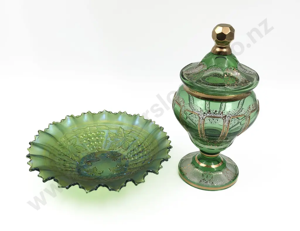 Carnival Glass Bowl and Green Venetian Lidded Jar Image 1++