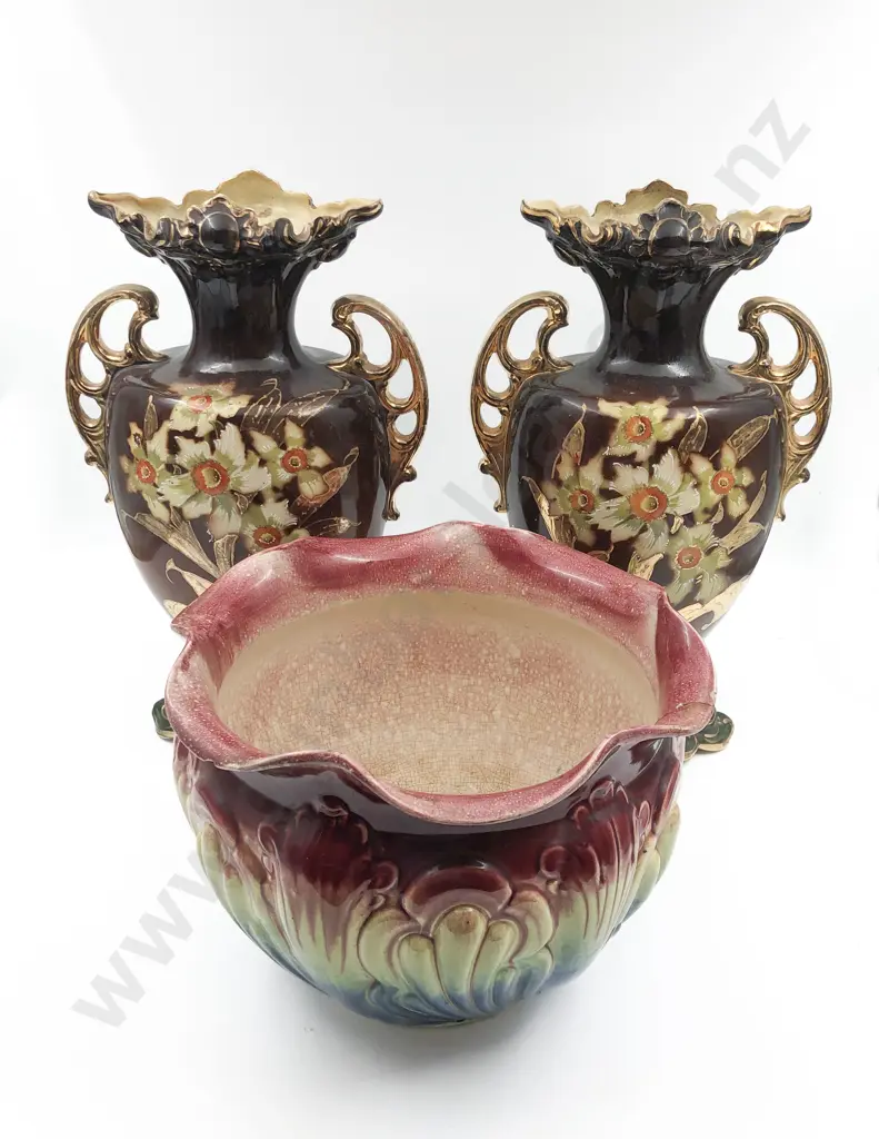 Two Large Mantle Vases and Edwardian Jardinière Image 1++