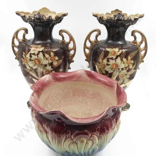 Two Large Mantle Vases and Edwardian Jardinière