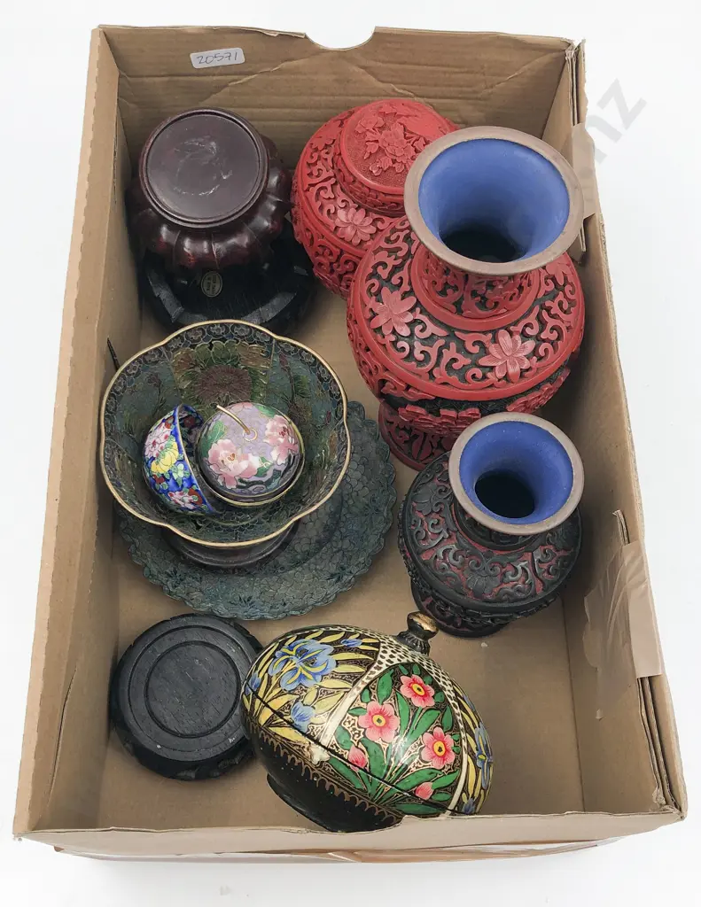 Small Box of Cinnabar Vases and Other Decorative Items Image 1++