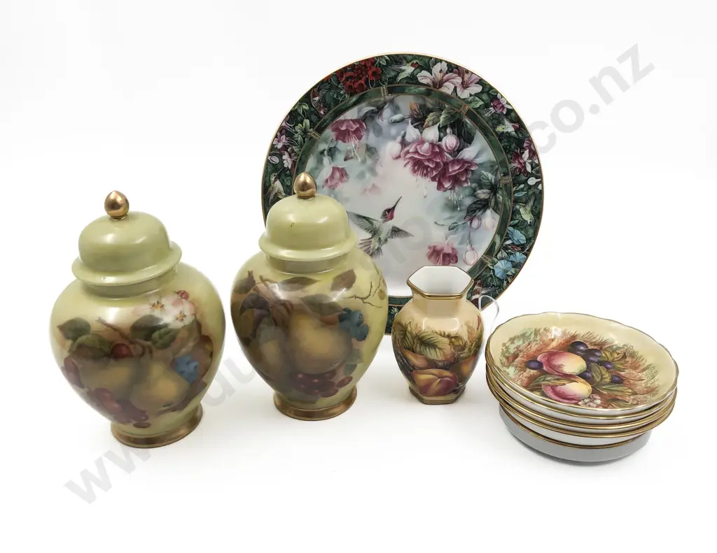 Two Hand Painted Lidded Urns with Aynsley Vase Dishes etc. Image 1++