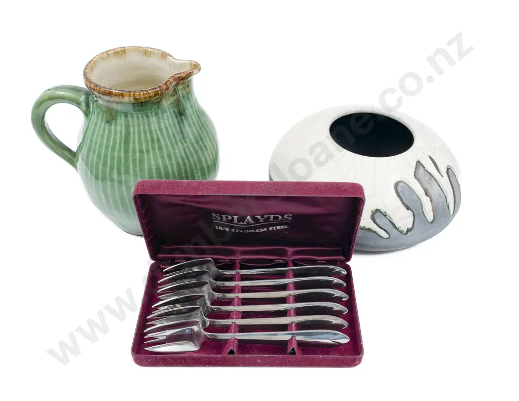 NZ Pottery Jug and Vase with Cased Set of Forks Image 1++