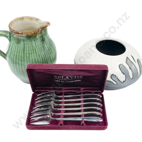 NZ Pottery Jug and Vase with Cased Set of Forks