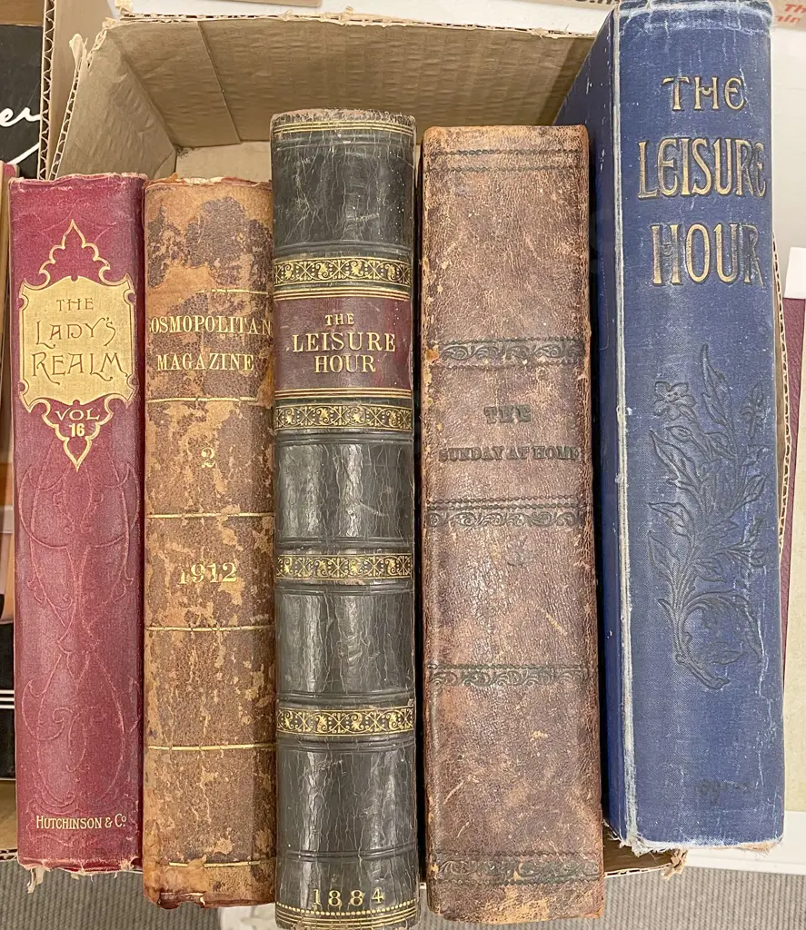 Box of Assorted Vintage Bound Magazine Volumes Including The Leisure Hour Image 1++