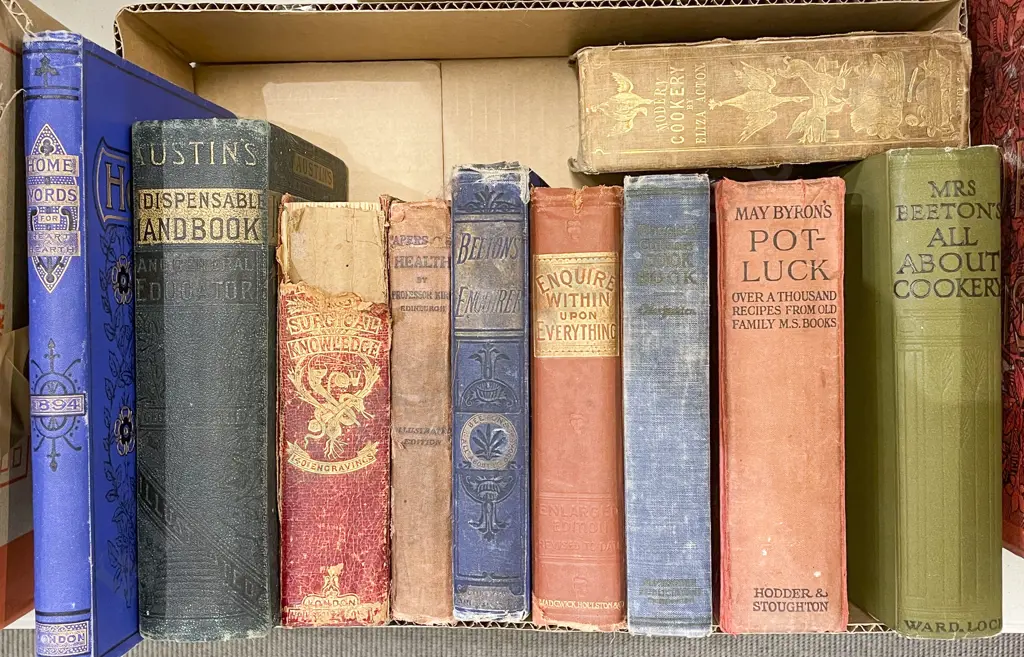 Box of Assorted Vintage Cooking Reference Including Mrs Beetons All About Cookery Image 1++
