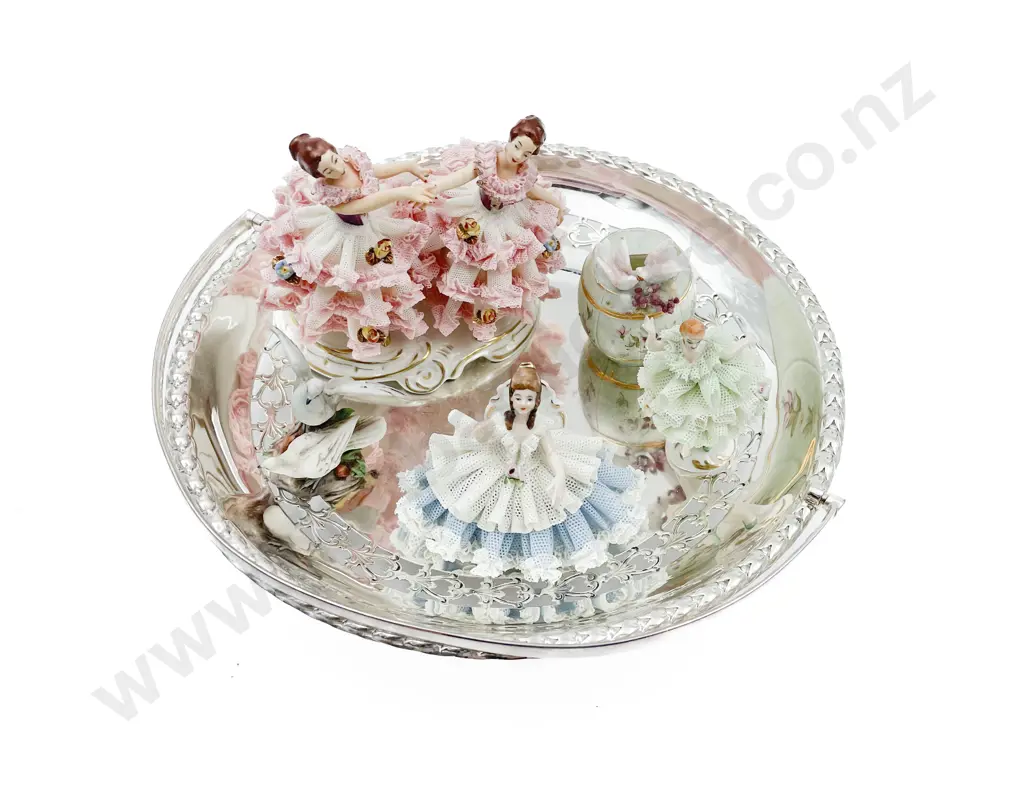 Dresden Figure Group and Other Figures/Ornaments on Plated Basket Image 1++