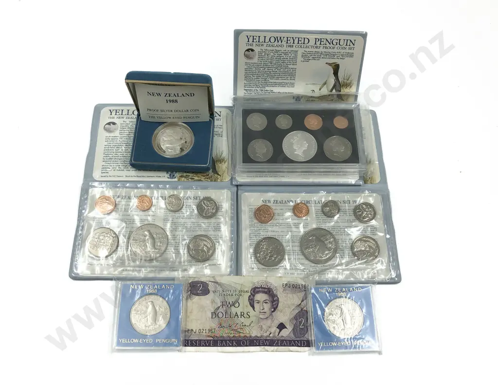 Three NZ 1988 Coin Sets Together with Three 1988 Yellow Eyed Penguin Proof Dollars Image 1++