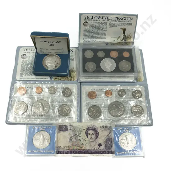 Three NZ 1988 Coin Sets Together with Three 1988 Yellow Eyed Penguin Proof Dollars