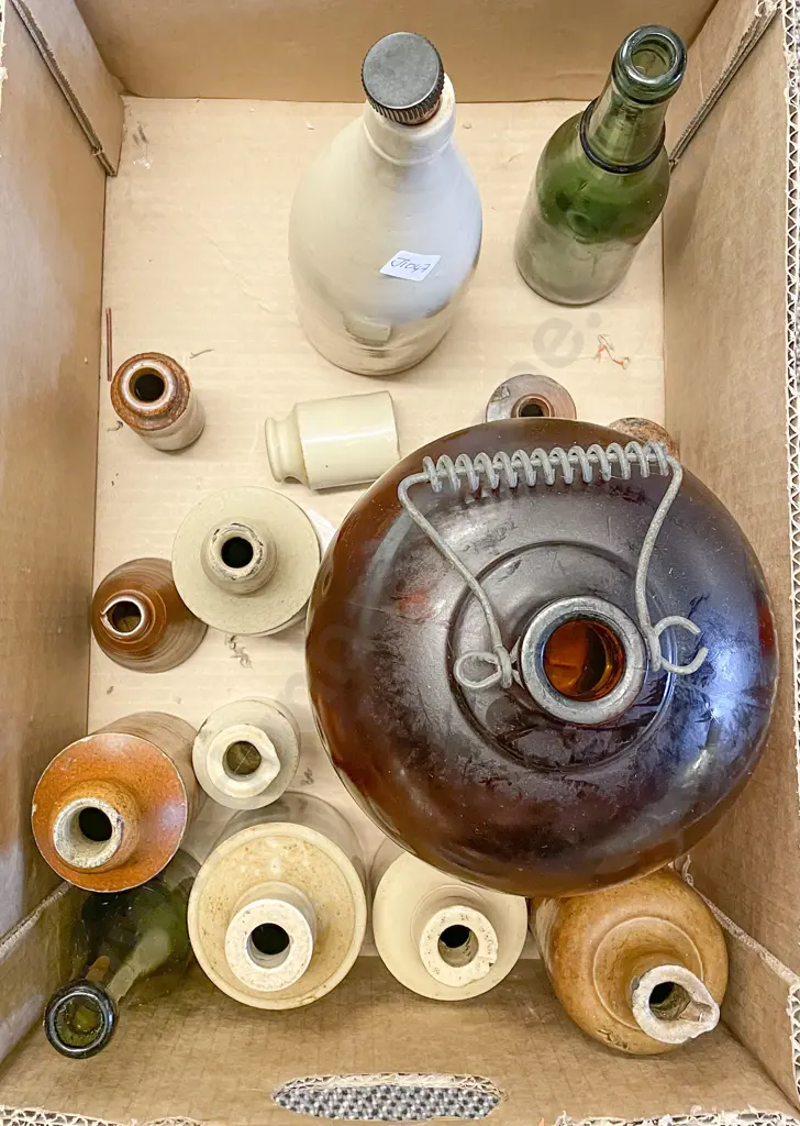 Box of Assorted Glass and Stoneware Bottles Image 1++