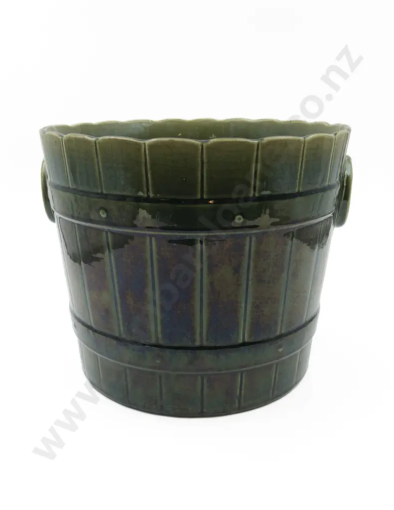 T F & Sons Green Glazed Barrell Form Planter Image 1++