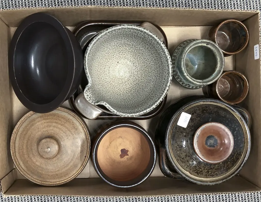 Box of Assorted Pottery Including Salt Glazed Tipping Bowl Image 1++