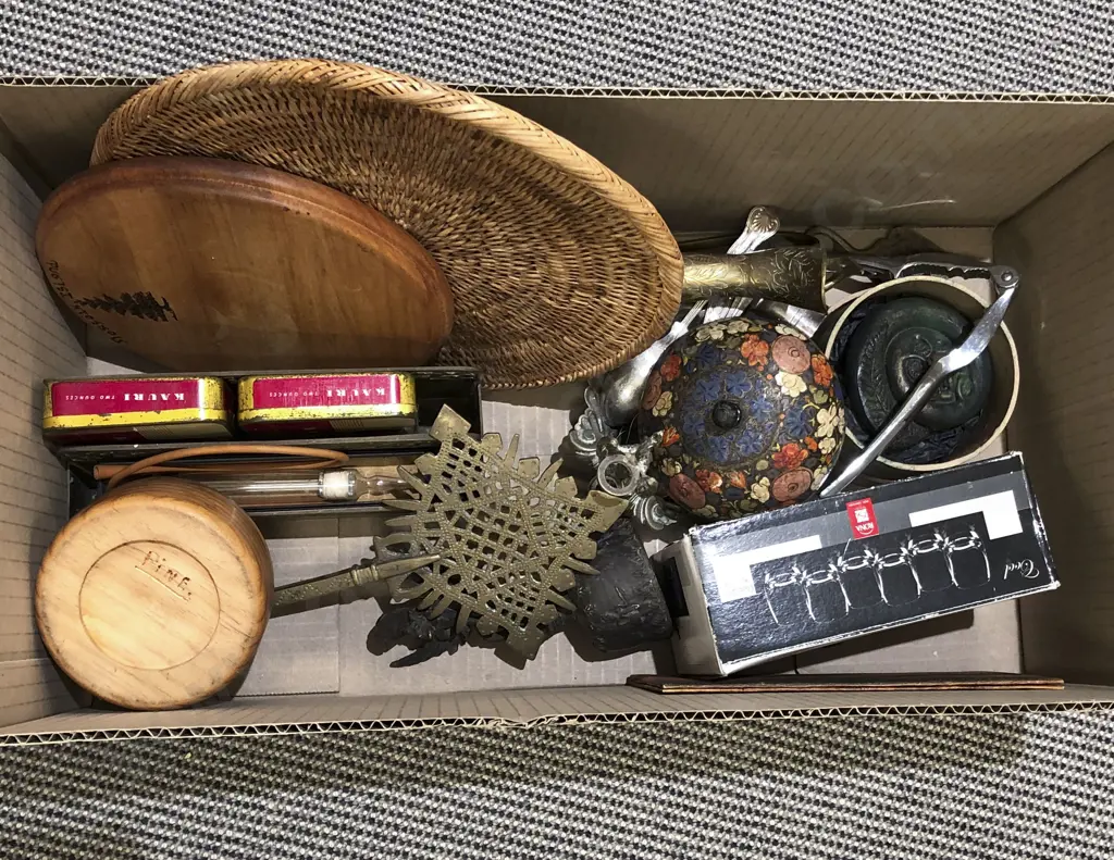 Box of Assorted Including Brassware and Vintage Tins etc Image 1++