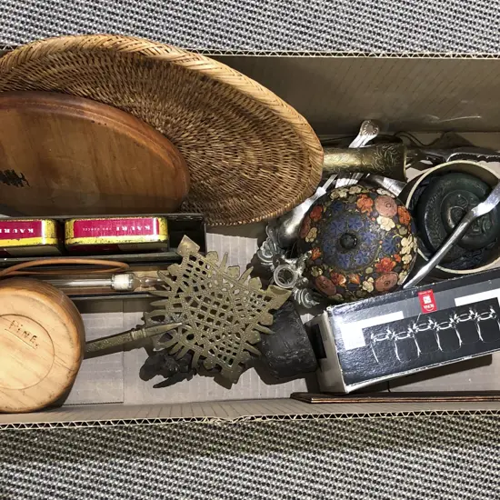 Box of Assorted Including Brassware and Vintage Tins etc