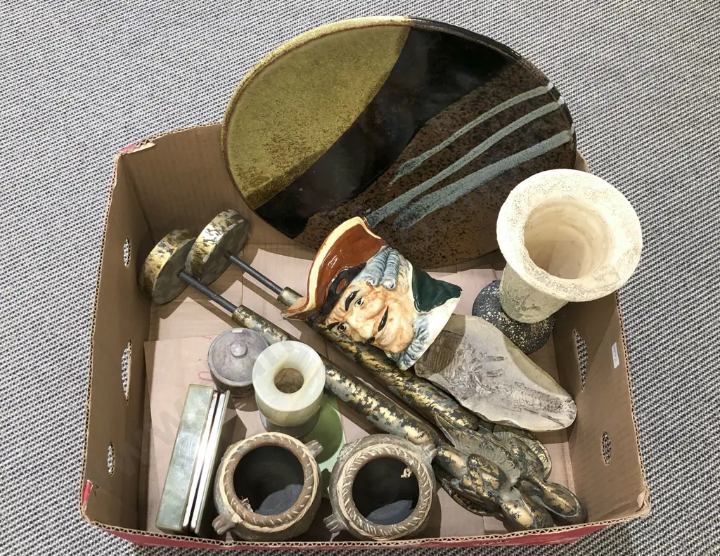 Box of Assorted Including Hardstone Jewellery Box and Pottery Charger Etc Image 1++