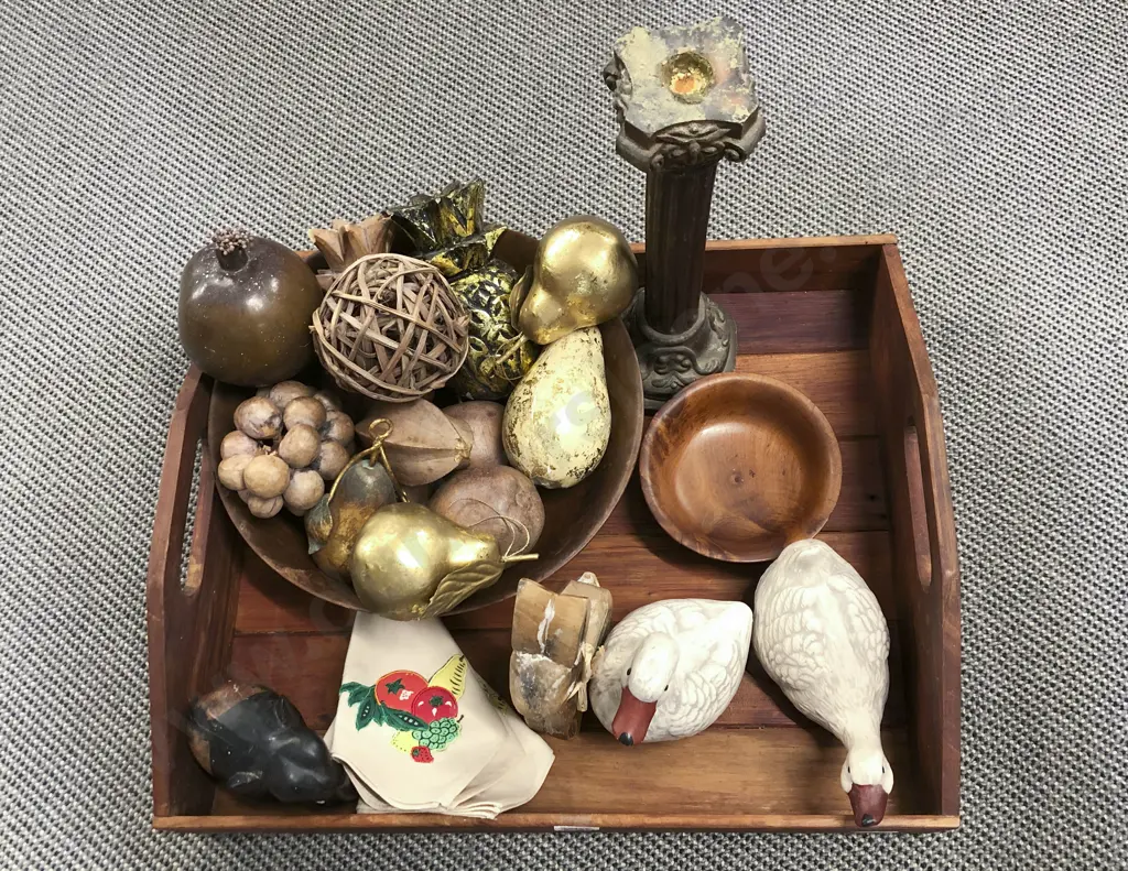 Qty of Assorted Decorative Homewares On Wooden Tray Image 1++