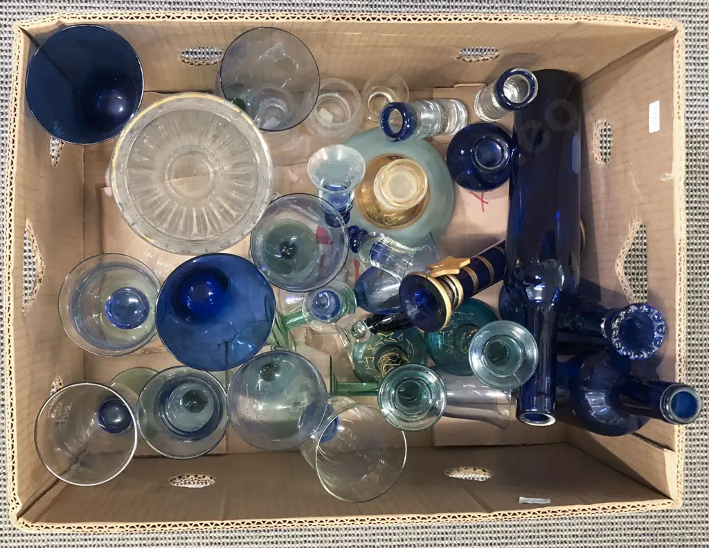 Qty of Assorted Glassware Including Blue Glass Bottles Image 1++