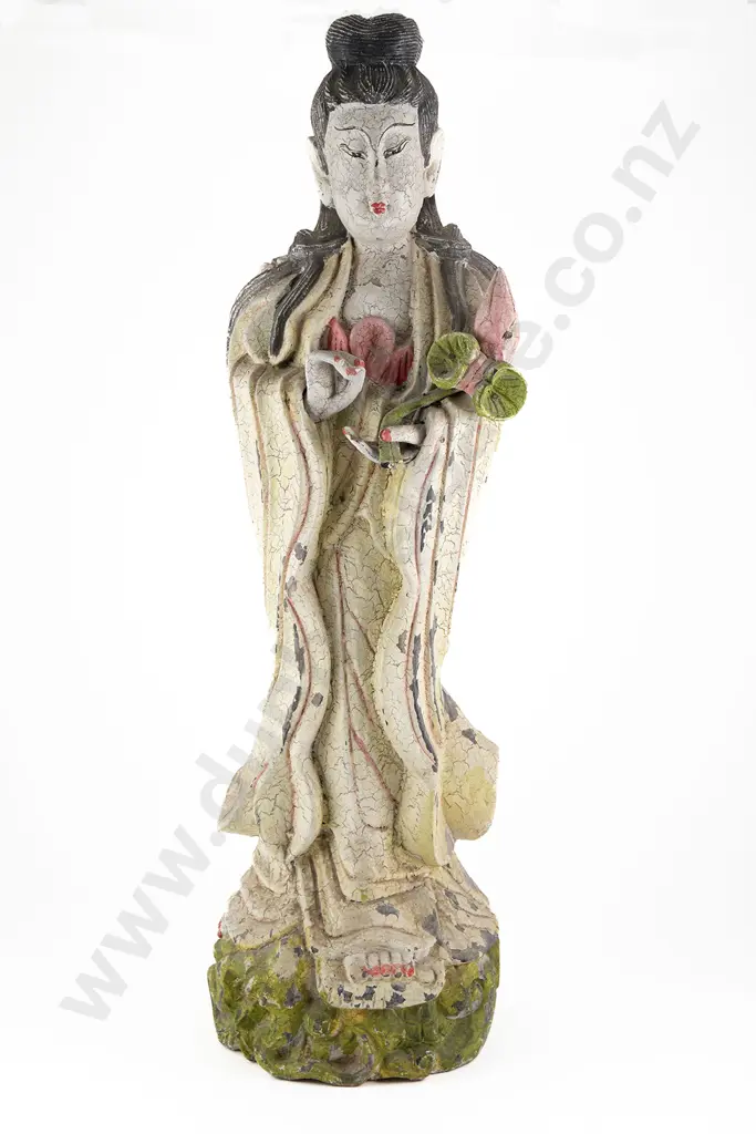 A Decorative Chinese Polychrome Painted Figure of Quan Yin Image 1++