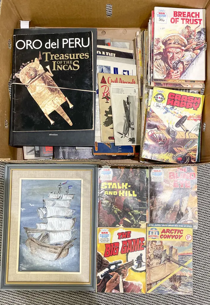 Box of Assorted Including Vintage Military Comics and Magazines Etc Image 1++