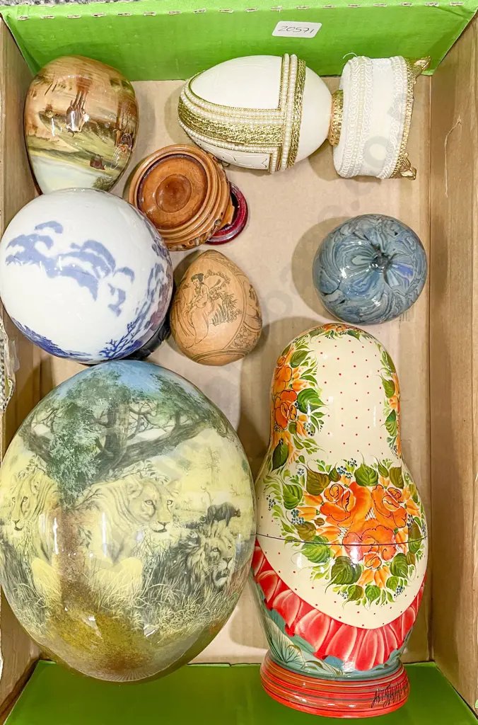 Box with Russian Doll and Assorted Decorative Eggs Image 1++