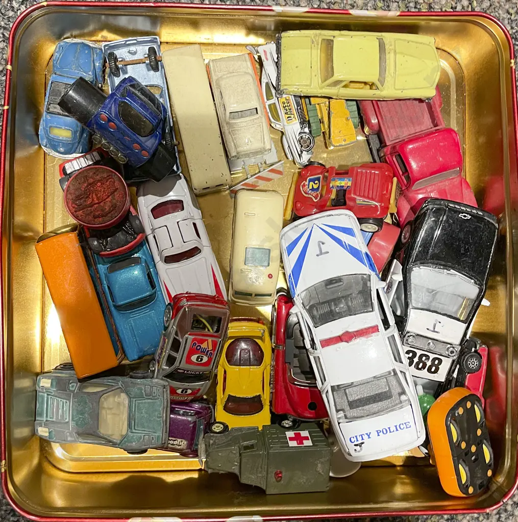 Two Tins of Assorted Toys and Model Cars Image 1++