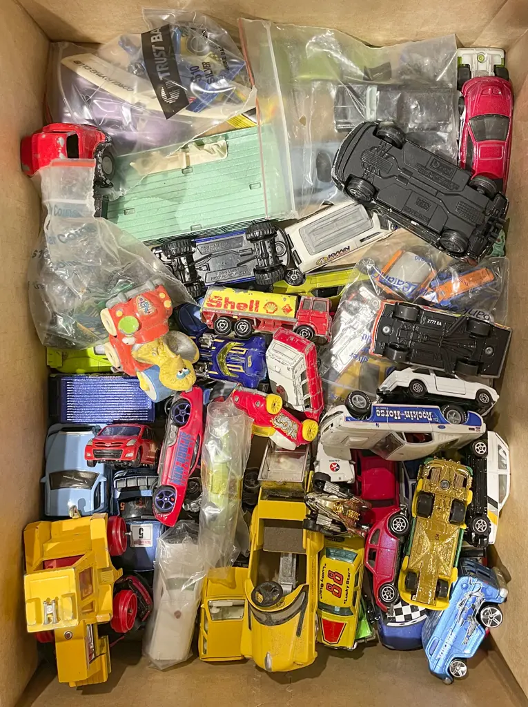 Box of Assorted Toy Cars Including Hot Wheels Image 1++