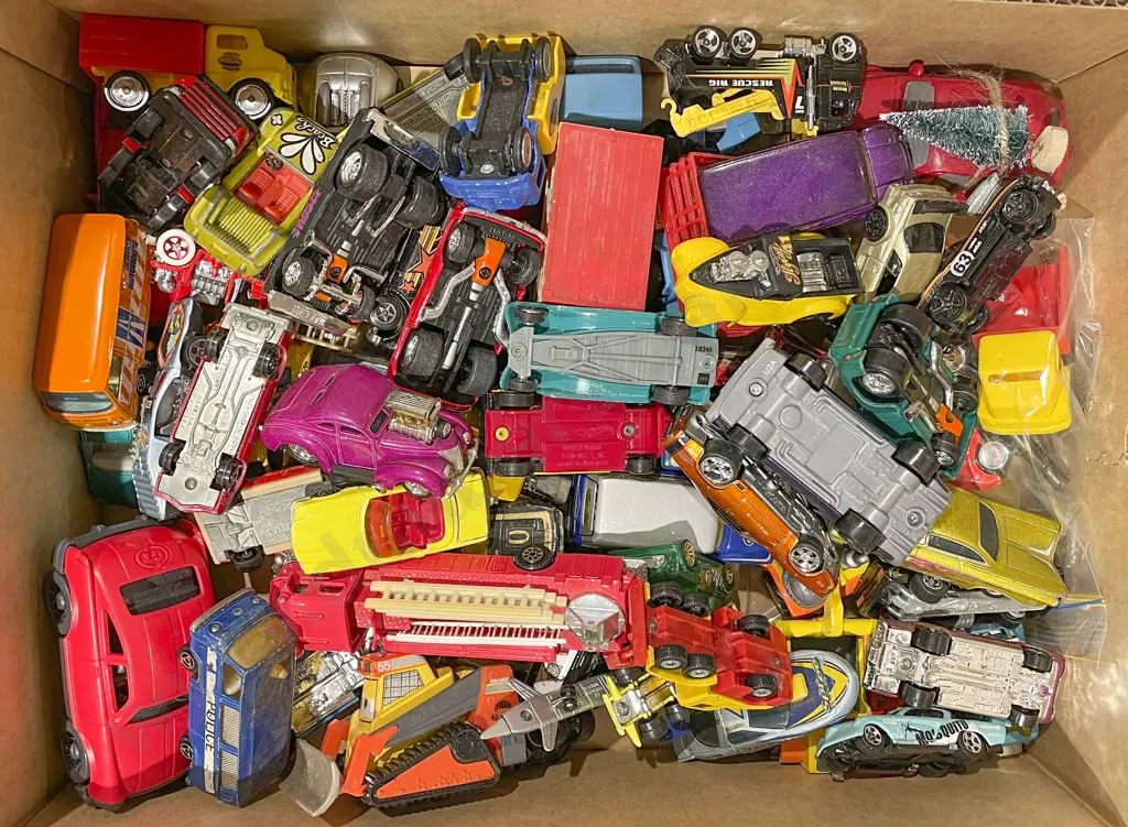 Box of Assorted Toy Cars Including Hot Wheels Image 1++