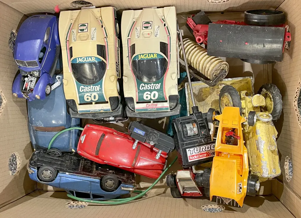 Box of Assorted Toy Cars Including Vintage RC Cars Image 1++